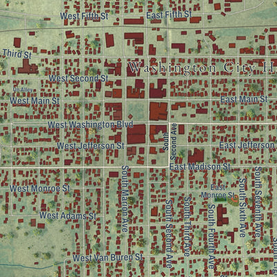 Close-up of the map of Washington, Iowa print showing street and building detail