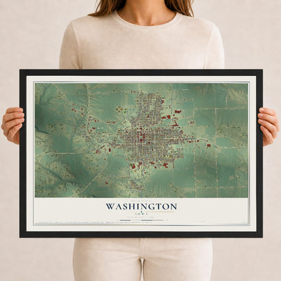Map of Washington, Iowa, 12 x 18 inch print in a black wood frame