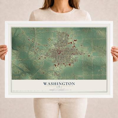 Map of Washington, Iowa, 18 x 24 inch print in a white wood frame