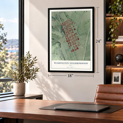 Washington Neighborhood, Iowa map, 18 x 24 inch print in a black frame in a home office