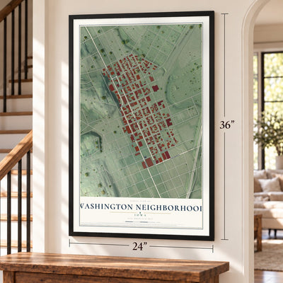 Washington Neighborhood, Iowa map, 24 x 36 inch print in a black frame by a staircase