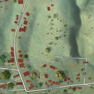 Close-up of the map of Waterville, Iowa print showing street and building detail