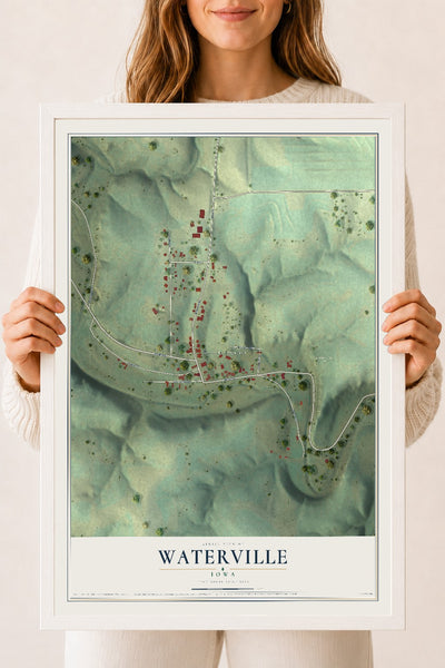 Map of Waterville, Iowa, 18 x 24 inch print in a white wood frame