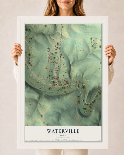 Map of Waterville, Iowa, 24 x 36 inch print in a white wood frame