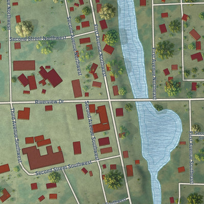 Close-up of the map of Waucoma, Iowa print showing street and building detail
