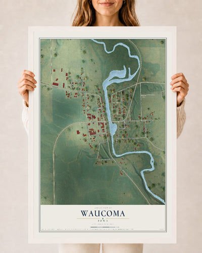 Map of Waucoma, Iowa, 24 x 36 inch print in a white wood frame