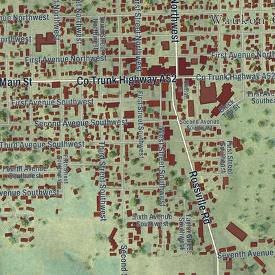 Close-up of the map of Waukon, Iowa print showing street and building detail