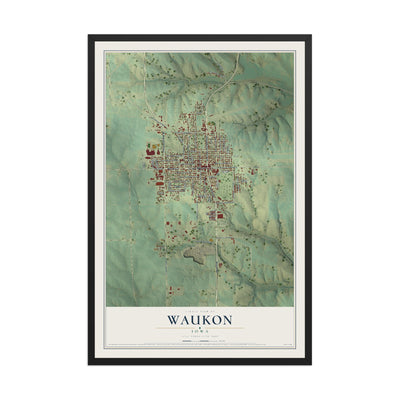 Map of Waukon, Iowa, 12 x 18 inch print in a black wood frame
