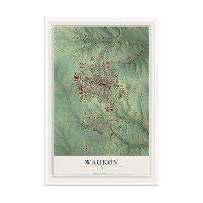 Map of Waukon, Iowa, 12 x 18 inch print in a white wood frame