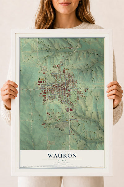 Map of Waukon, Iowa, 18 x 24 inch print in a white wood frame