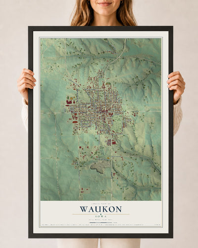Map of Waukon, Iowa, 24 x 36 inch print in a black wood frame