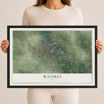 Map of Waverly, Iowa, 12 x 18 inch print in a black wood frame