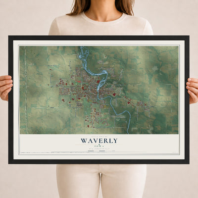 Map of Waverly, Iowa, 18 x 24 inch print in a black wood frame