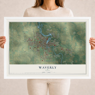 Map of Waverly, Iowa, 18 x 24 inch print in a white wood frame