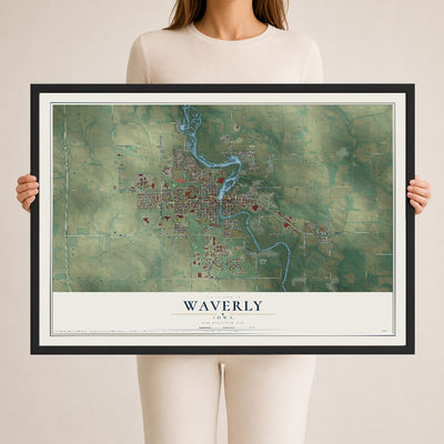 Map of Waverly, Iowa, 24 x 36 inch print in a black wood frame