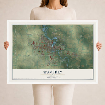 Map of Waverly, Iowa, 24 x 36 inch print in a white wood frame