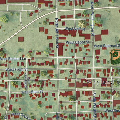 Close-up of the map of Wayland, Iowa print showing street and building detail
