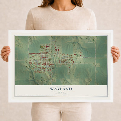 Map of Wayland, Iowa, 12 x 18 inch print in a white wood frame