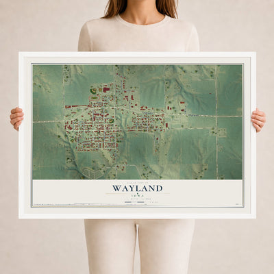 Map of Wayland, Iowa, 24 x 36 inch print in a white wood frame