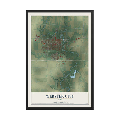Map of Webster City, Iowa, 12 x 18 inch print in a black wood frame