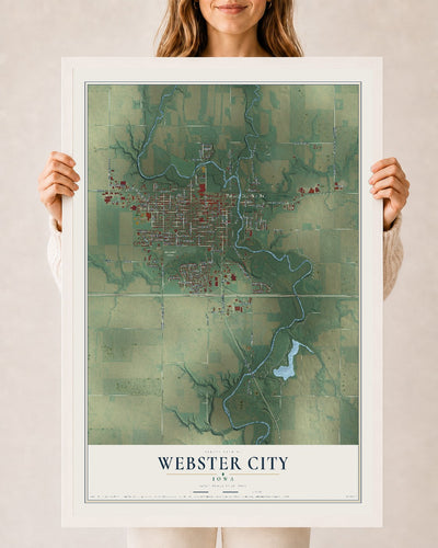 Map of Webster City, Iowa, 24 x 36 inch print in a white wood frame