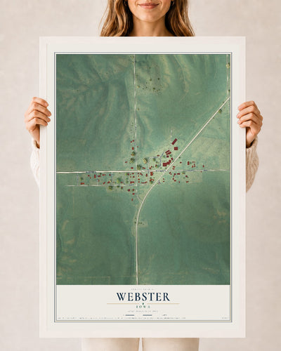 Map of Webster, Iowa, 24 x 36 inch print in a white wood frame