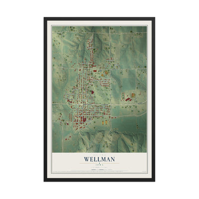 Map of Wellman, Iowa, 12 x 18 inch print in a black wood frame