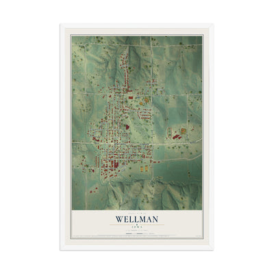 Map of Wellman, Iowa, 12 x 18 inch print in a white wood frame