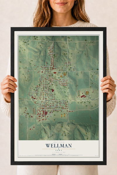 Map of Wellman, Iowa, 18 x 24 inch print in a black wood frame