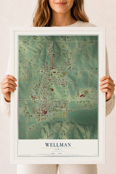 Map of Wellman, Iowa, 18 x 24 inch print in a white wood frame
