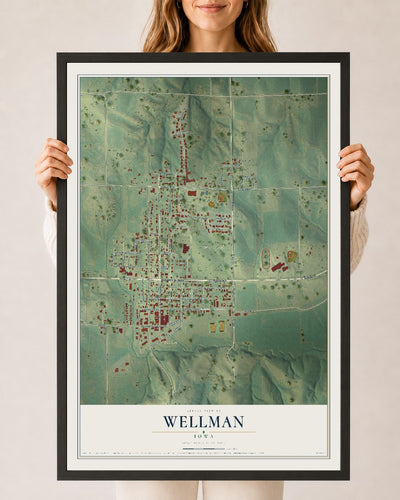 Map of Wellman, Iowa, 24 x 36 inch print in a black wood frame