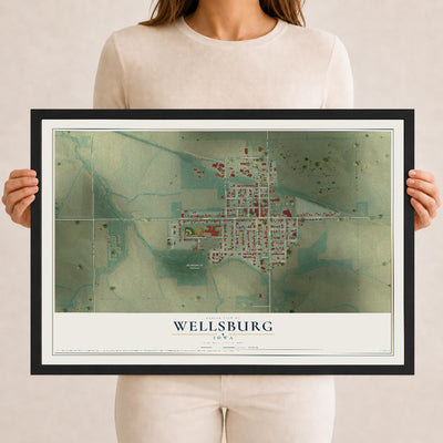 Map of Wellsburg, Iowa, 12 x 18 inch print in a black wood frame