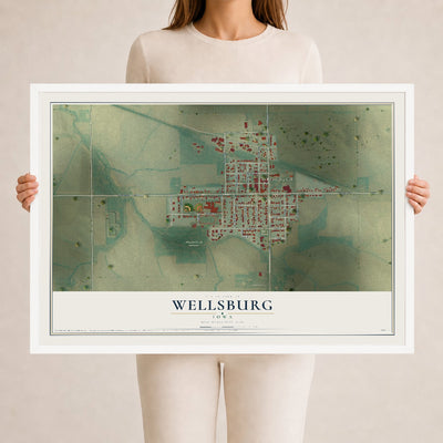 Map of Wellsburg, Iowa, 24 x 36 inch print in a white wood frame