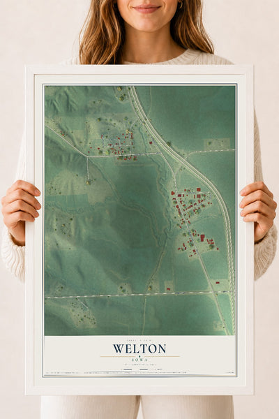 Map of Welton, Iowa, 18 x 24 inch print in a white wood frame