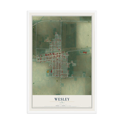 Map of Wesley, Iowa, 12 x 18 inch print in a white wood frame
