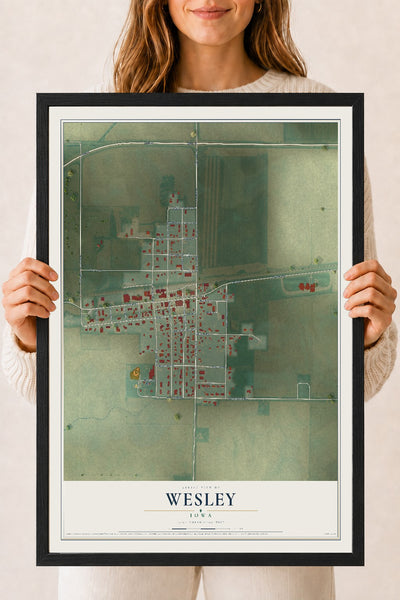Map of Wesley, Iowa, 18 x 24 inch print in a black wood frame