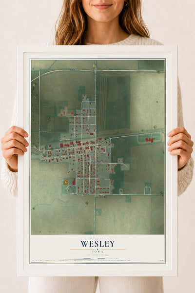 Map of Wesley, Iowa, 18 x 24 inch print in a white wood frame