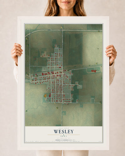 Map of Wesley, Iowa, 24 x 36 inch print in a white wood frame