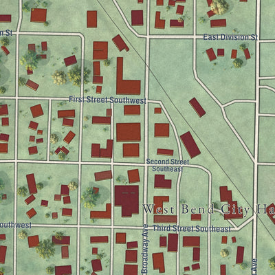 Close-up of the map of West Bend, Iowa print showing street and building detail