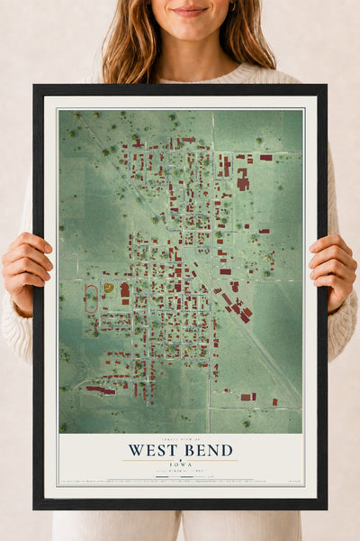 Map of West Bend, Iowa, 18 x 24 inch print in a black wood frame