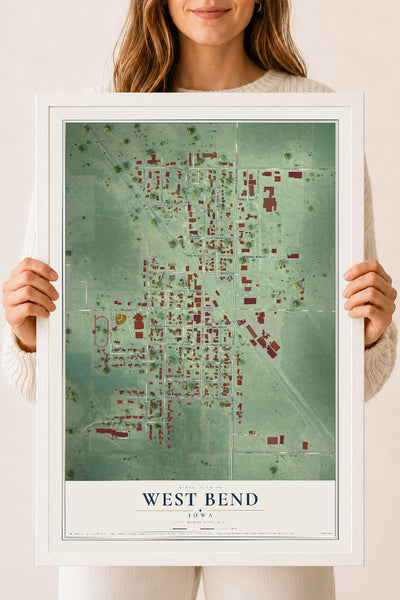 Map of West Bend, Iowa, 18 x 24 inch print in a white wood frame