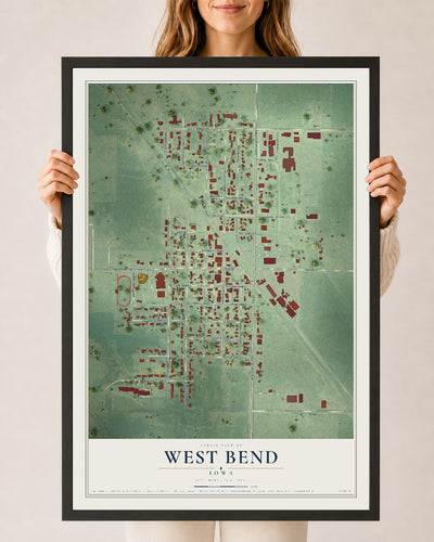 Map of West Bend, Iowa, 24 x 36 inch print in a black wood frame