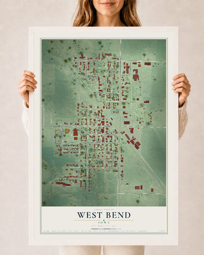Map of West Bend, Iowa, 24 x 36 inch print in a white wood frame