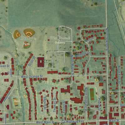 Close-up of the map of West Branch, Iowa print showing street and building detail