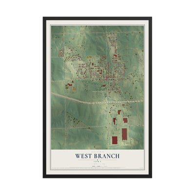 Map of West Branch, Iowa, 12 x 18 inch print in a black wood frame