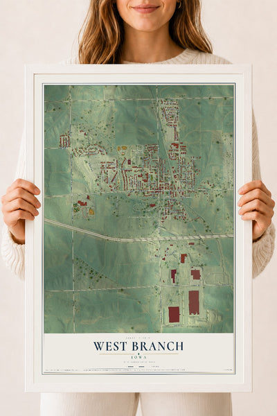 Map of West Branch, Iowa, 18 x 24 inch print in a white wood frame