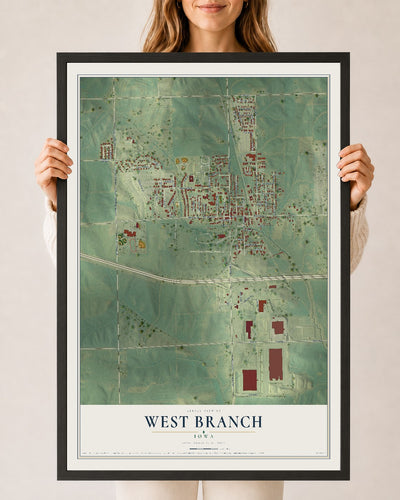 Map of West Branch, Iowa, 24 x 36 inch print in a black wood frame