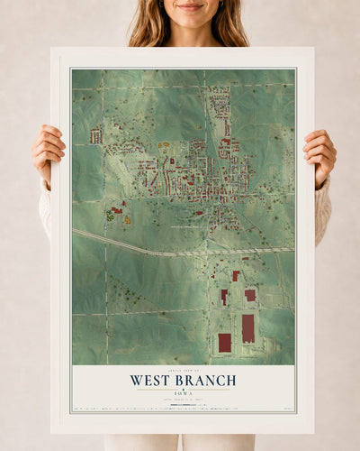 Map of West Branch, Iowa, 24 x 36 inch print in a white wood frame