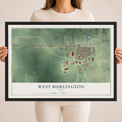 Map of West Burlington, Iowa, 18 x 24 inch print in a black wood frame