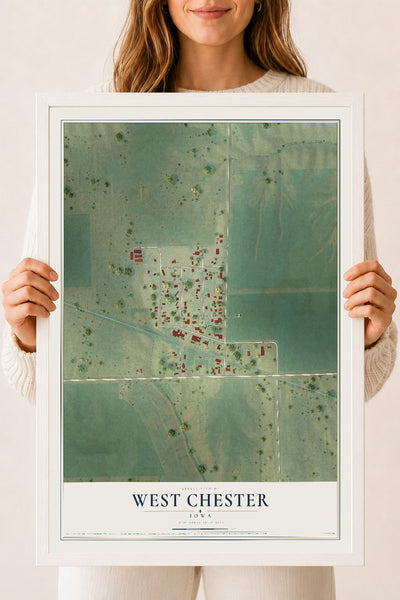 Map of West Chester, Iowa, 18 x 24 inch print in a white wood frame